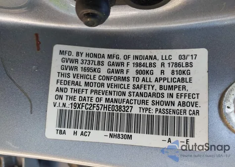 2017 Honda Civic Lx из США, поврежденный, VIN 19XFC2F57HE038327